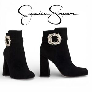 Jessica Simpson Leather Ankle Boots Women 7.5 Black Block Heel Embellished NWT